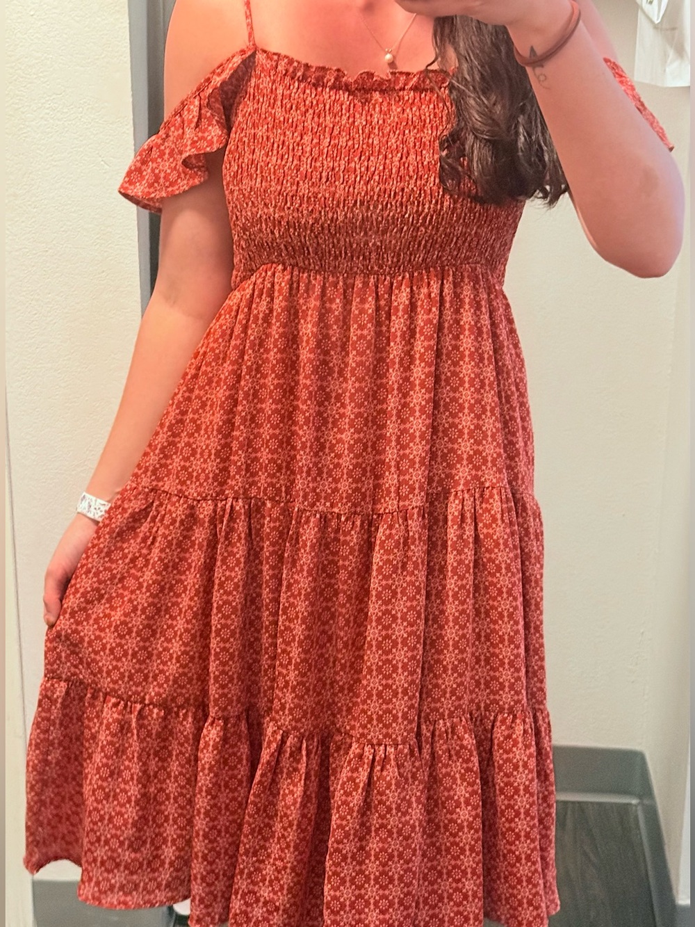 Women’s Rust Red Tiered Smocked Midi Dress